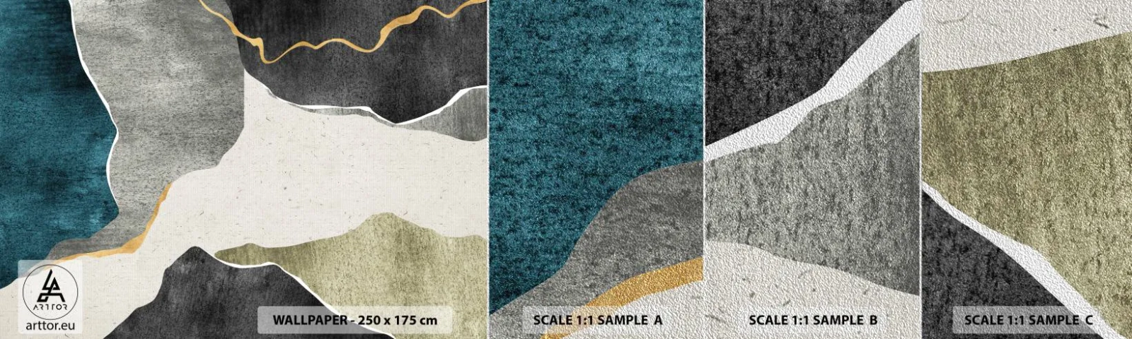 Amostra de papel de parede Premium Sand - Composição de mosaico com fio de ouro - Abstracionismo, Art Deco, Pedaço - 100x30 cm