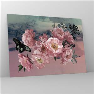 Quadro em vidro - Peônias rosa com uma borboleta contra o céu - 70x50cm - O auge do romantismo - Decoração de parede moderna para a sala de estar e quarto ARTTOR