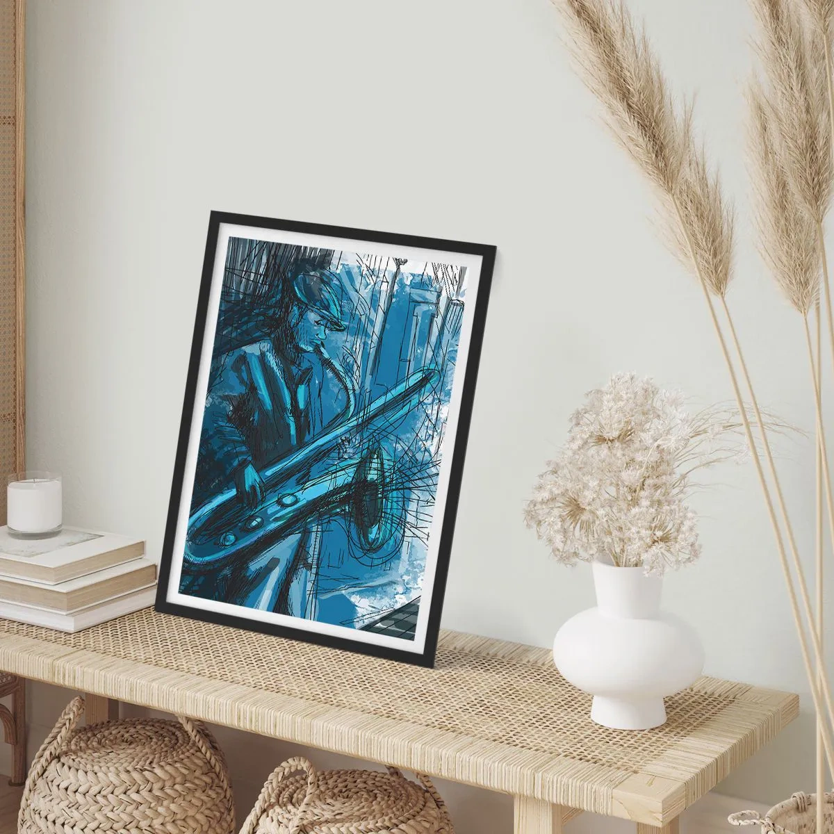 Pôster com moldura preta - Desenho artístico de um músico tocando saxofone - 50x70cm - Rapsódia Urbana - Decoração de parede moderna para a sala de estar e quarto ARTTOR