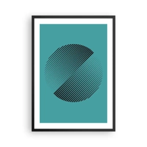 Pôster com moldura preta - Gráfico circular minimalista com linhas em um fundo turquesa - 50x70cm - Círculo – uma variação geométrica - Decoração de parede moderna para a sala de estar e quarto ARTTOR