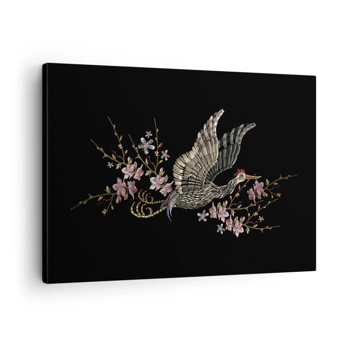 Quadro em tela - Um pássaro em voo com flores em um fundo preto - 70x50cm - Pássaro exótico e bordado - Decoração de parede moderna para a sala de estar e quarto ARTTOR