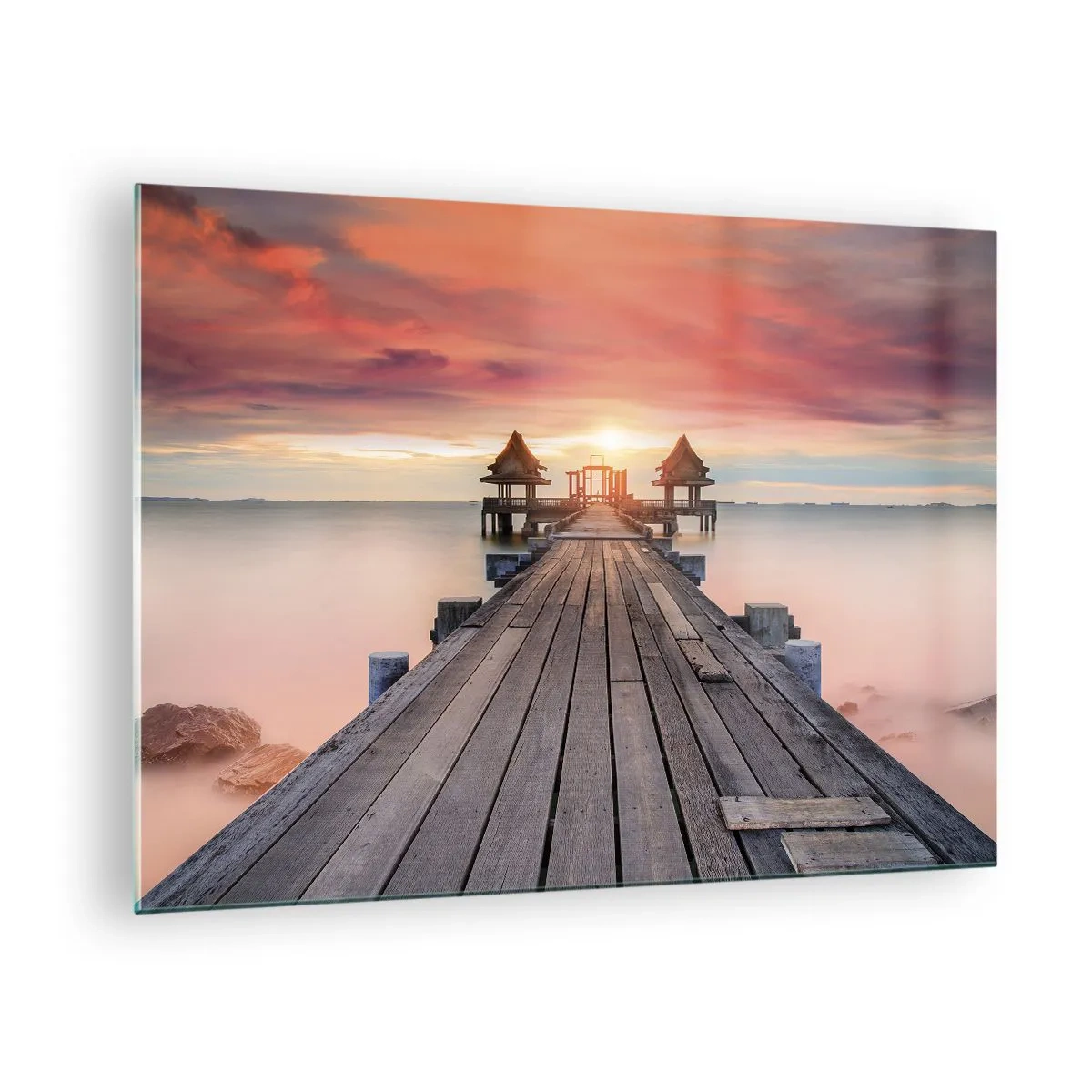 Quadro em vidro - Píer de madeira que leva aos mirantes à beira-mar ao pôr do sol - 70x50cm - De oeste para leste - Decoração de parede moderna para a sala de estar e quarto ARTTOR