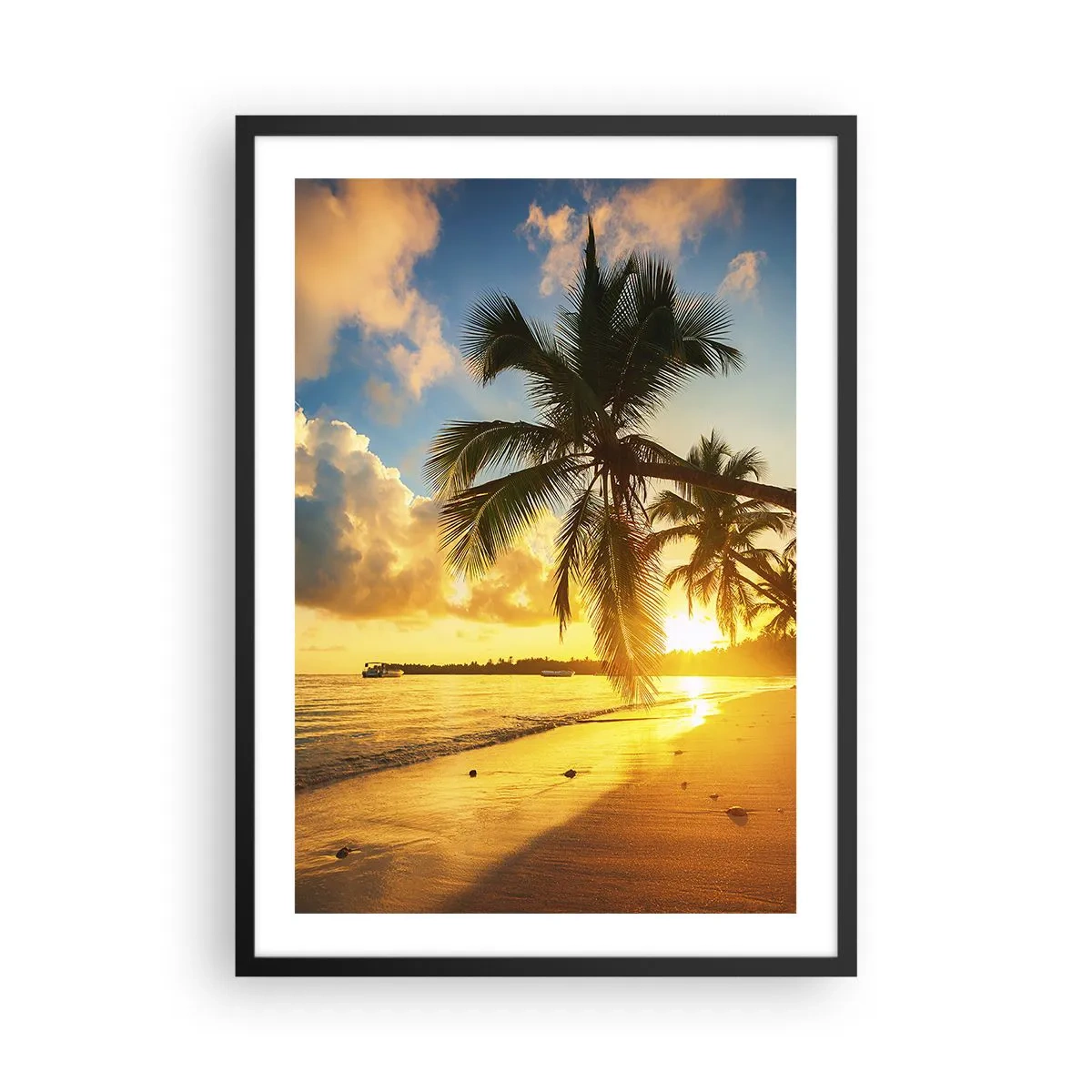 Pôster com moldura preta - Praia tropical ao pôr do sol com palmeiras - 50x70cm - Um sonho caribenho - Decoração de parede moderna para a sala de estar e quarto ARTTOR