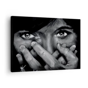 Quadro em tela - Retrato em preto e branco de uma mulher cobrindo o rosto com as mãos. - 70x50cm - Não vou dizer quem pintou - Decoração de parede moderna para a sala de estar e quarto ARTTOR