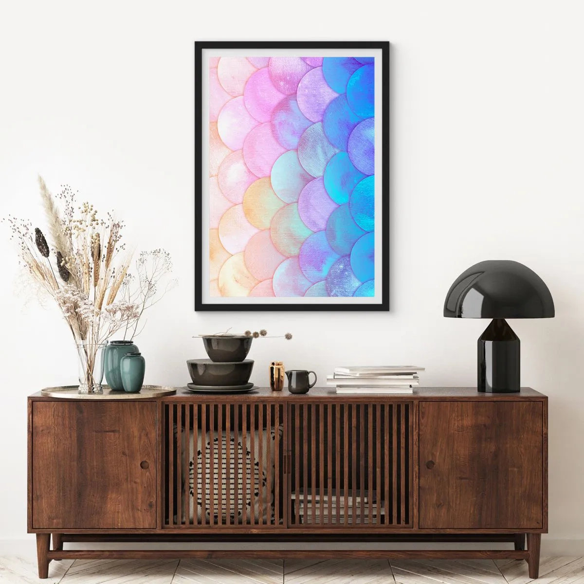 Pôster com moldura preta - Uma composição pastel que lembra escamas em tons de arco-íris - 50x70cm - Escala de pérola - Decoração de parede moderna para a sala de estar e quarto ARTTOR