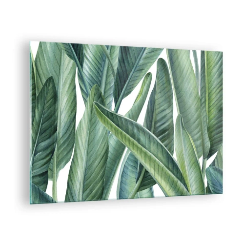 Quadro em vidro - Folhas tropicais em tons de verde - 70x50cm - O próprio verde - Decoração de parede moderna para a sala de estar e quarto ARTTOR