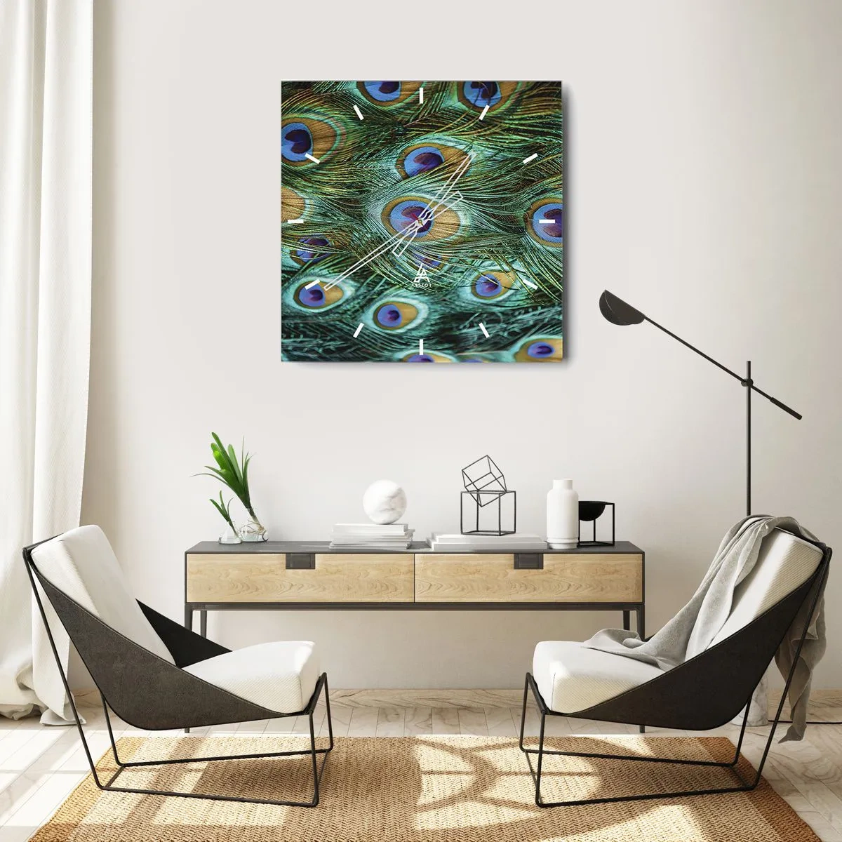 Relógio de parede - Relógio em vidro - Um olhar de pavão - 40x40 cm