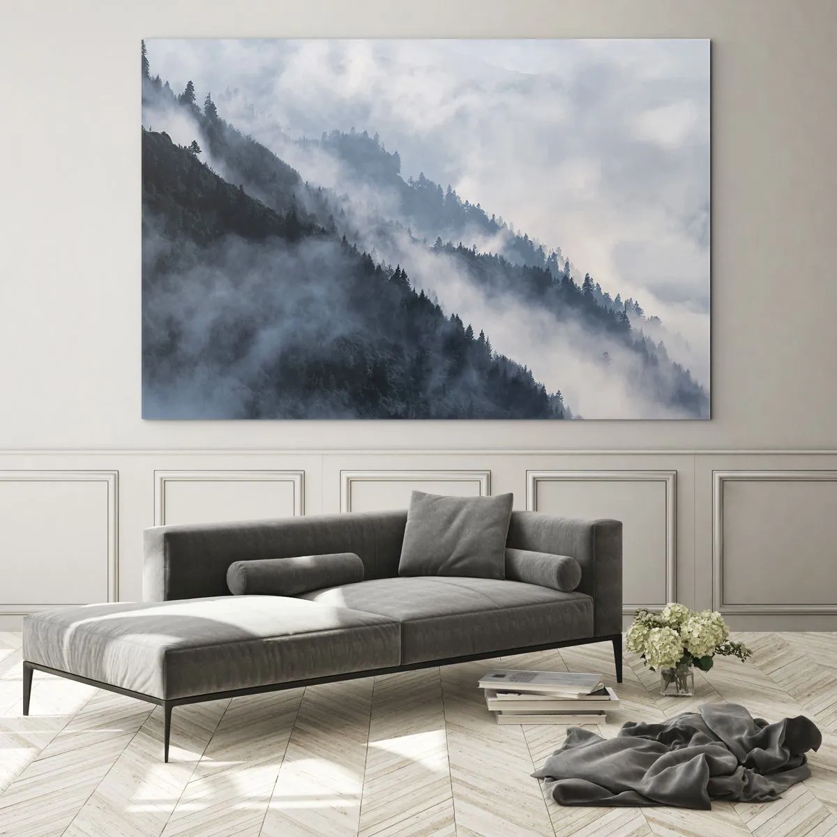 Quadro em vidro - Panorama de montanha com neblina e uma floresta escura - 70x50cm - Misticismo das montanhas - Decoração de parede moderna para a sala de estar e quarto ARTTOR