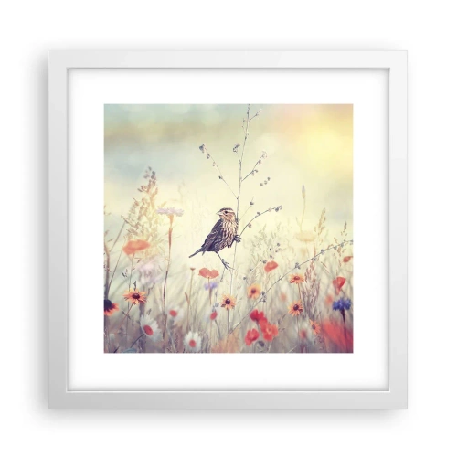 Pôster em moldura branca - Retrato de um pássaro com um prado no fundo - 30x30 cm