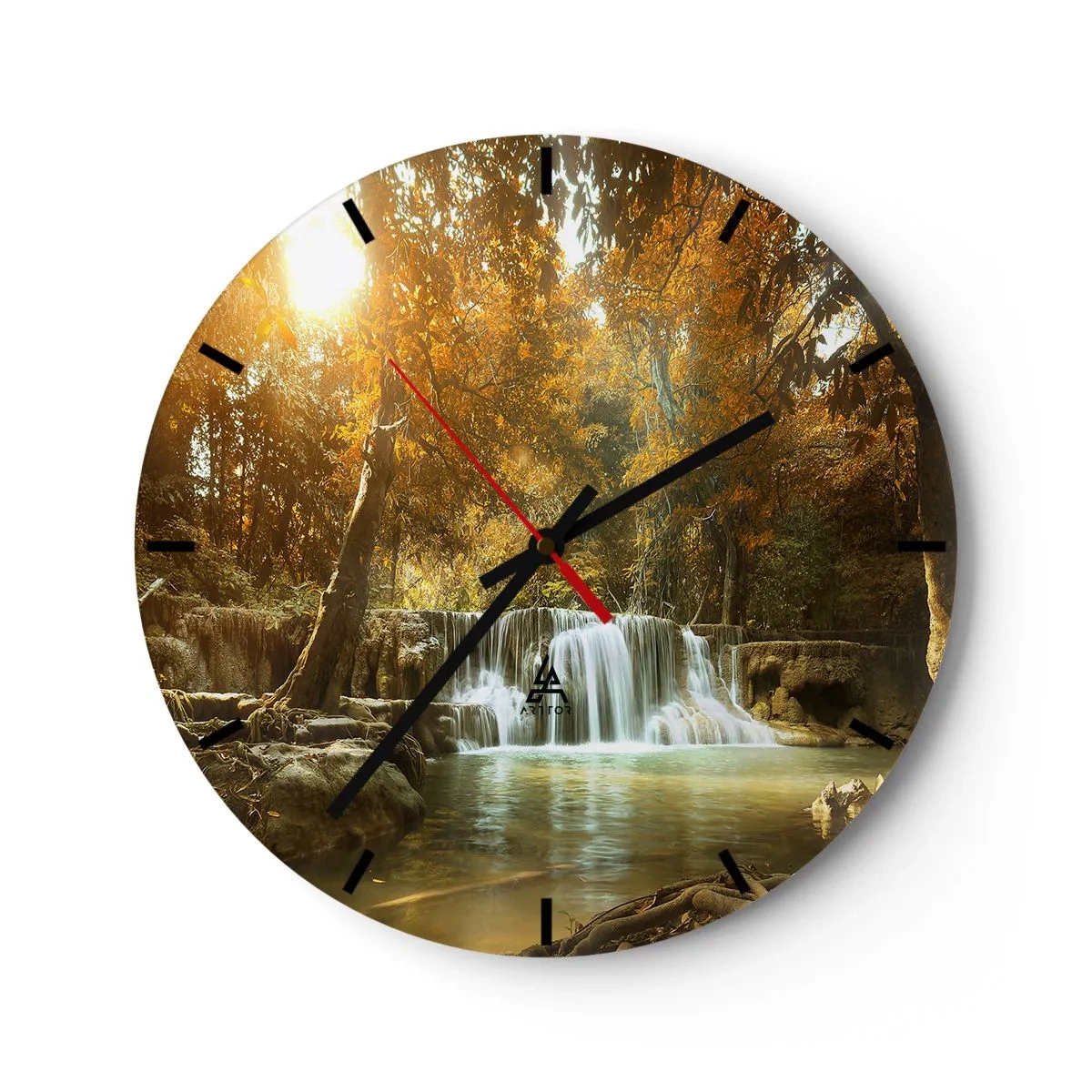 Relógio de parede - Relógio em vidro - Uma cachoeira pitoresca cercada por árvores de outono - 30x30cm - A cascata do parque - Decoração de parede moderna para a sala de estar, cozinha e quarto ARTTOR