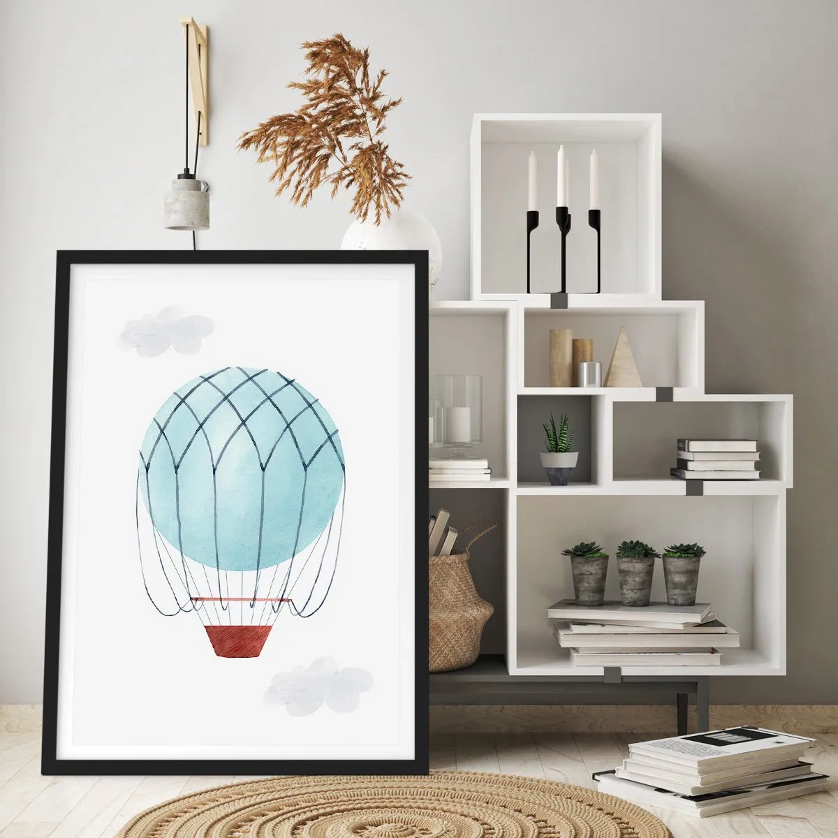 Pôster com moldura preta - Um balão de ar quente em aquarela flutuando entre as nuvens - 50x70cm - Tudo nas nuvens - Decoração de parede moderna para a sala de estar e quarto ARTTOR