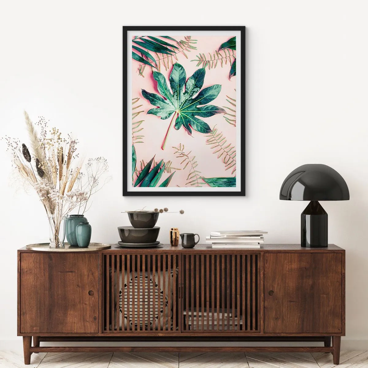 Pôster com moldura preta - Folhas em vários tons de verde sobre fundo rosa - 50x70cm - Estudo do verde em um fundo rosa - Decoração de parede moderna para a sala de estar e quarto ARTTOR