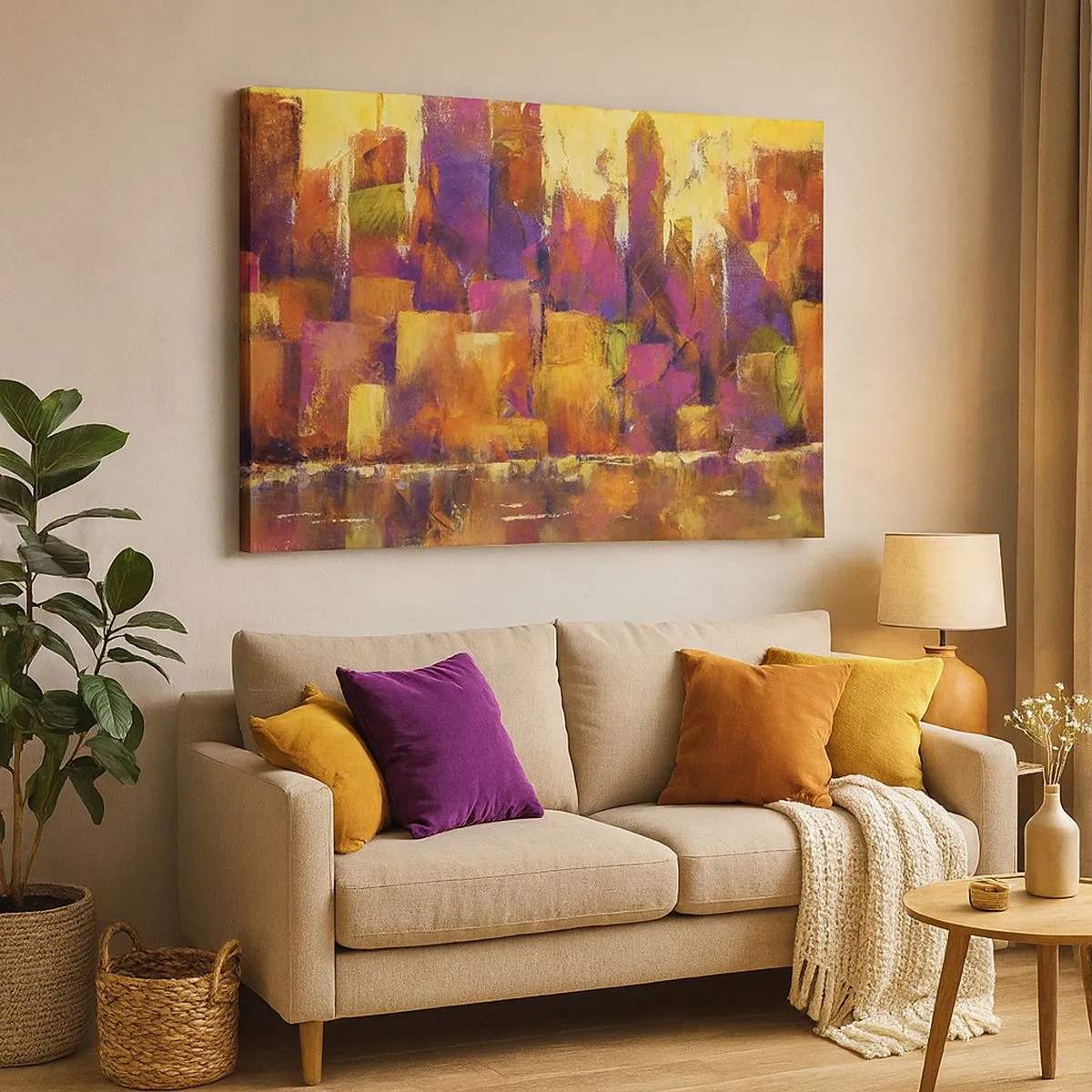 Quadro em tela - Composição abstrata de uma metrópole em tons de amarelo e roxo - 70x50cm - Composição metropolitana - Decoração de parede moderna para a sala de estar e quarto ARTTOR