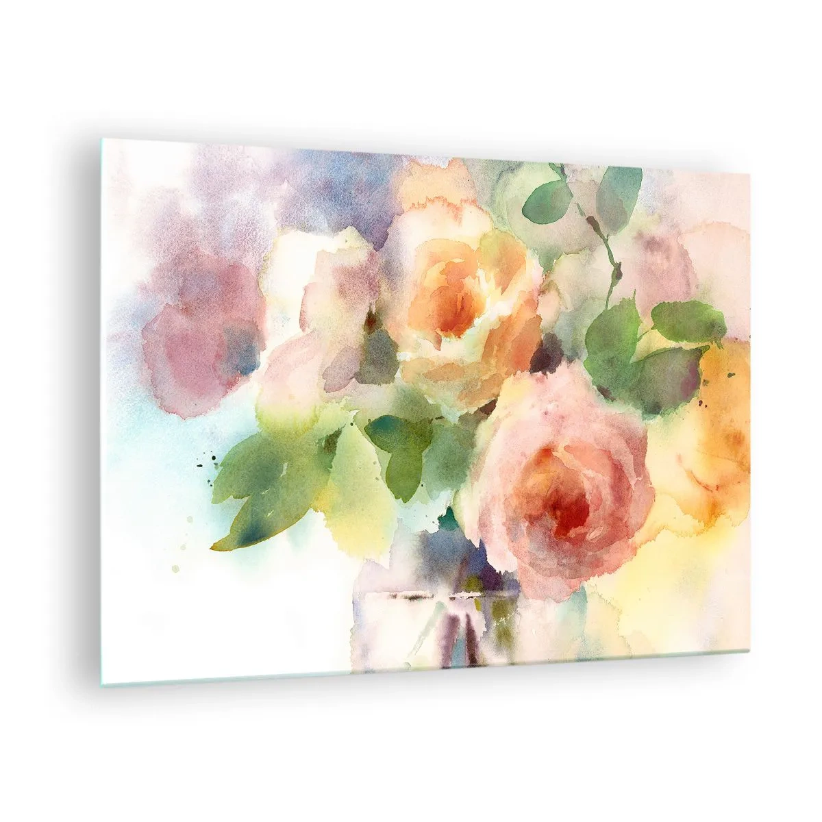 Quadro em vidro - Uma pintura em aquarela de rosas em delicadas cores pastéis. - 70x50cm - Delicado como uma aquarela - Decoração de parede moderna para a sala de estar e quarto ARTTOR