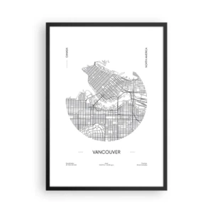 Pôster com moldura preta - Um mapa minimalista em preto e branco de Vancouver - 50x70cm - Anatomia de Vacouver - Decoração de parede moderna para a sala de estar e quarto ARTTOR