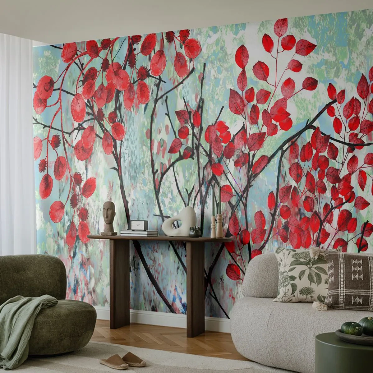 Papel de Parede Premium Canvas - Árvore em escarlate - Abstração, Folhas vermelhas, Filial - 250x175 cm