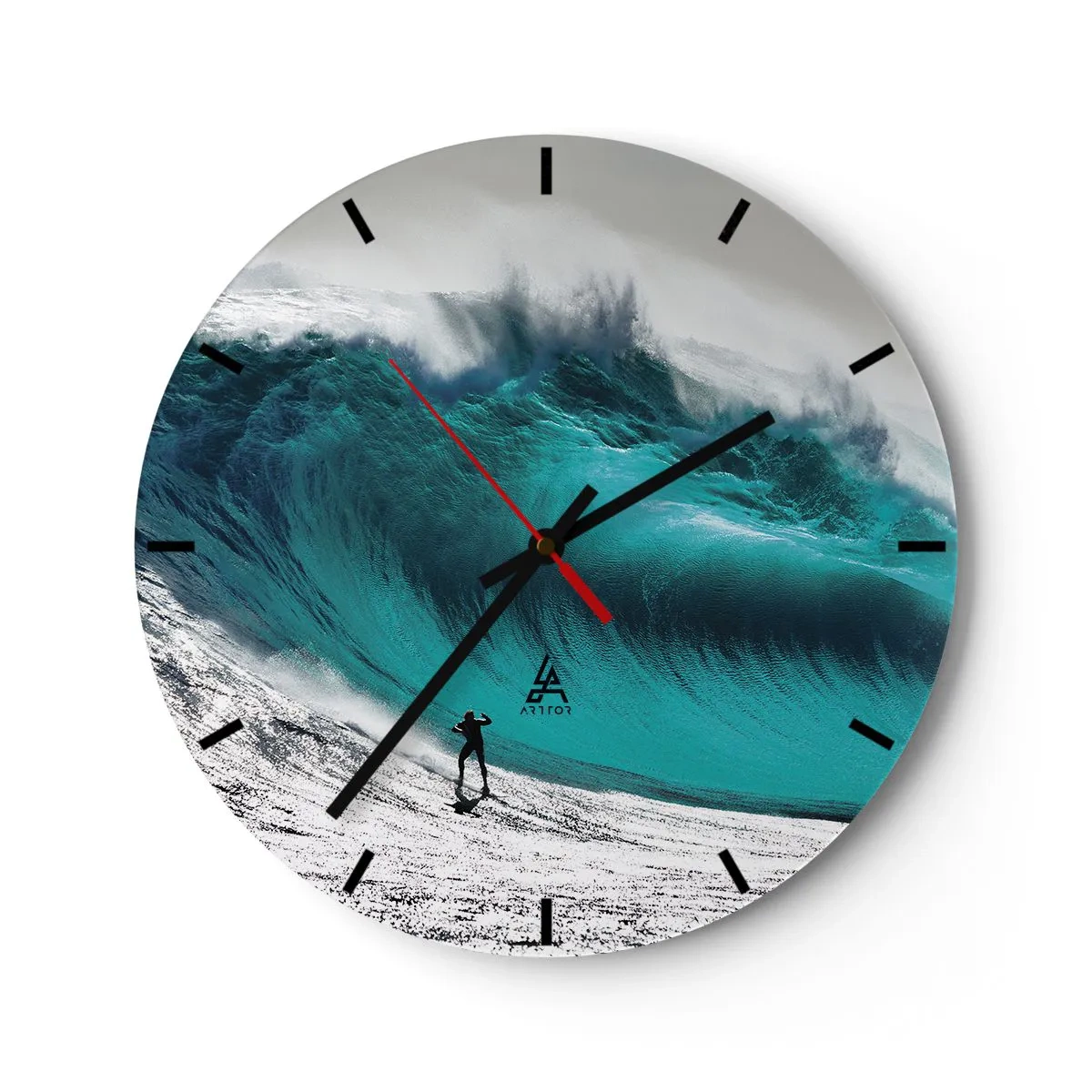 Relógio de parede - Relógio em vidro - Um surfista em frente a uma onda gigante turquesa - 30x30cm - Desafio aceite - Decoração de parede moderna para a sala de estar, cozinha e quarto ARTTOR