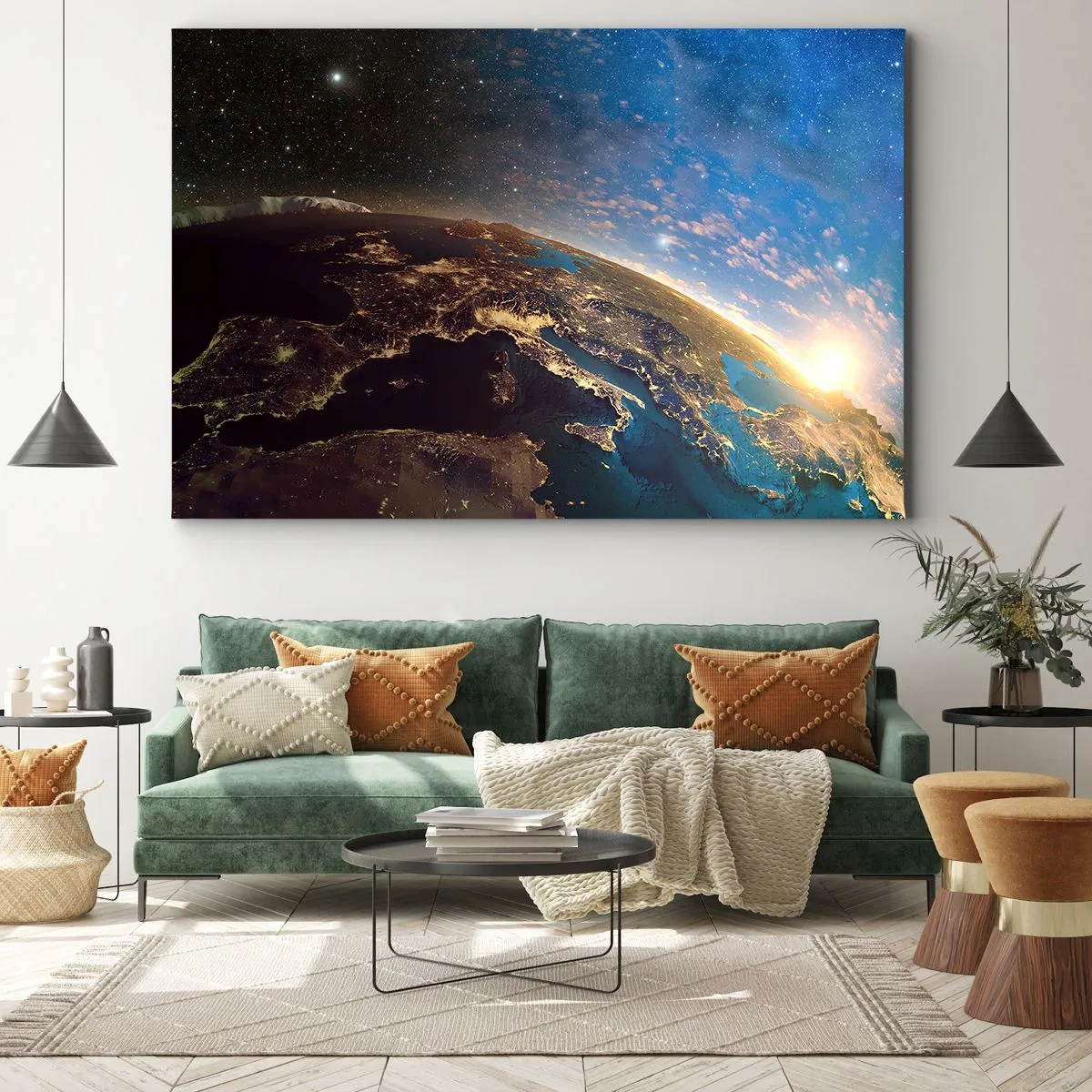 Quadro em tela - Vista da Terra do espaço ao nascer do sol - 70x50cm - Vamos olhar para nós mesmos à distância - Decoração de parede moderna para a sala de estar e quarto ARTTOR