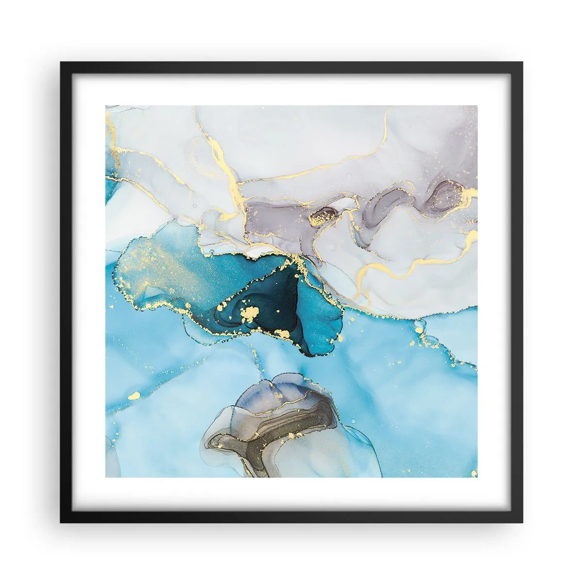 Pôster com moldura preta - Estudo do encontro do cinza e turquesa - 50x50 cm