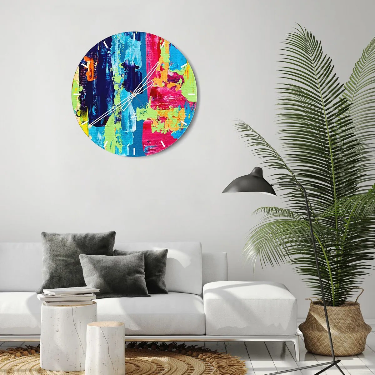 Relógio de parede - Relógio em vidro - Traços de tinta abstrata colorida em um mostrador redondo - 30x30cm - A vida é bela! - Decoração de parede moderna para a sala de estar, cozinha e quarto ARTTOR