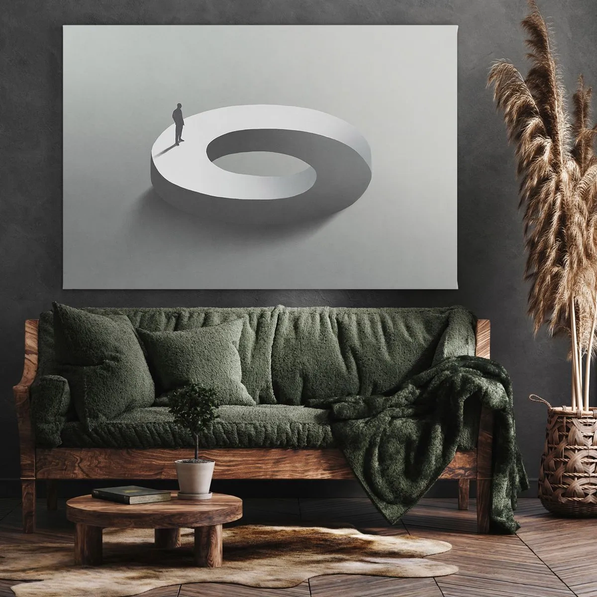 Quadro em tela - Um homem em uma estrutura cinza e abstrata - 70x50cm - Seja inteligente - Decoração de parede moderna para a sala de estar e quarto ARTTOR