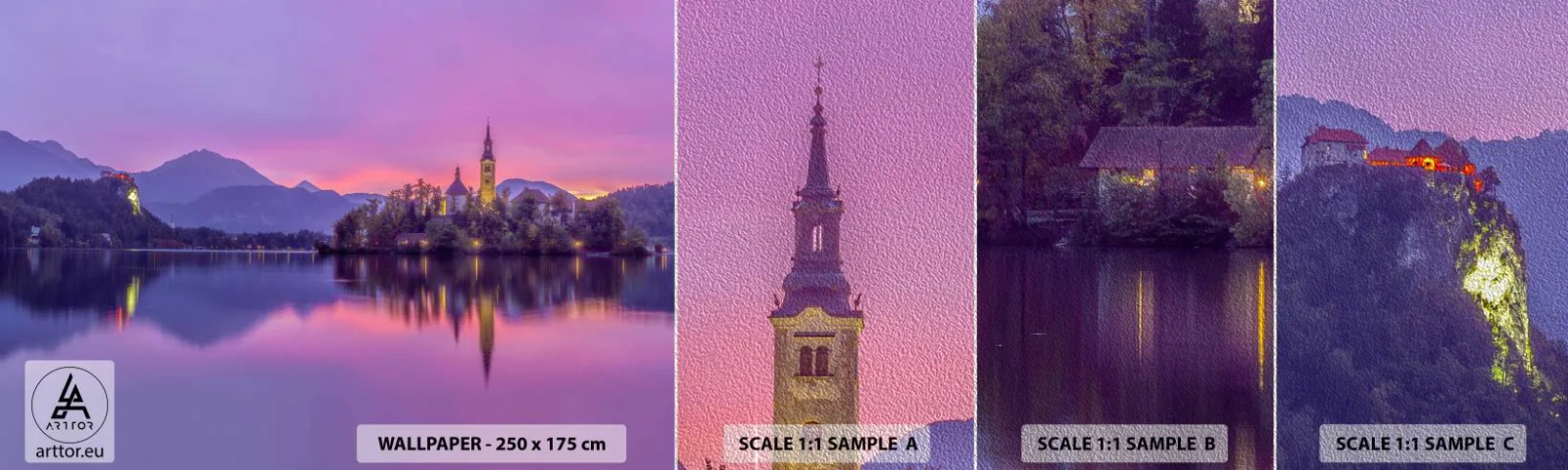 Amostra de papel de parede Premium Sand - Ilha de conto de fadas ao anoitecer - Paisagem, Eslovênia, Ilha de Bled - 100x30 cm