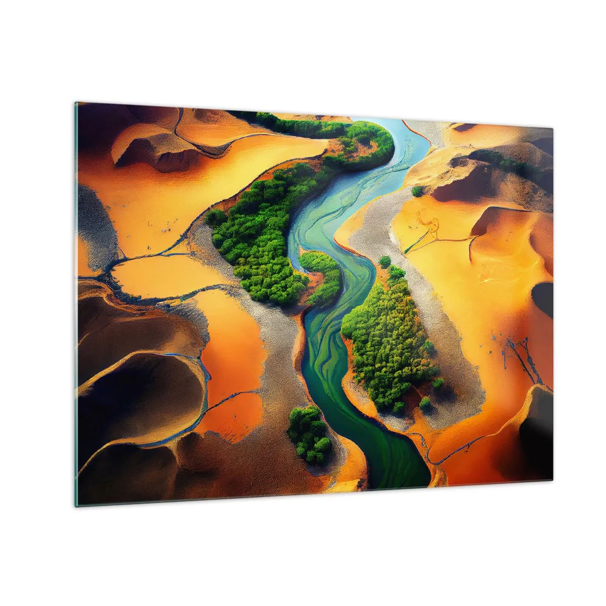 Quadro em vidro - Oásis verdes e um rio entre dunas alaranjadas - 70x50cm - Rio que dá vida - Decoração de parede moderna para a sala de estar e quarto ARTTOR