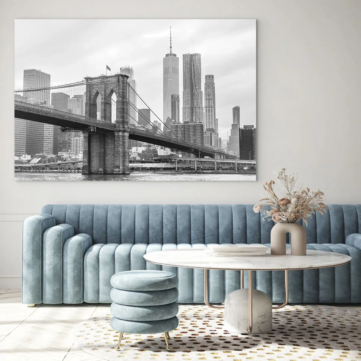 Quadro em vidro - Foto em preto e branco de uma ponte e paisagem urbana - 70x50cm - Vibrações de Nova York - Decoração de parede moderna para a sala de estar e quarto ARTTOR