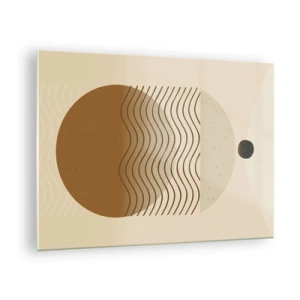 Quadro em vidro - Composição geométrica com ondas e círculos em cores bege - 70x50cm - Sobre a origem das figuras geométricas - Decoração de parede moderna para a sala de estar e quarto ARTTOR