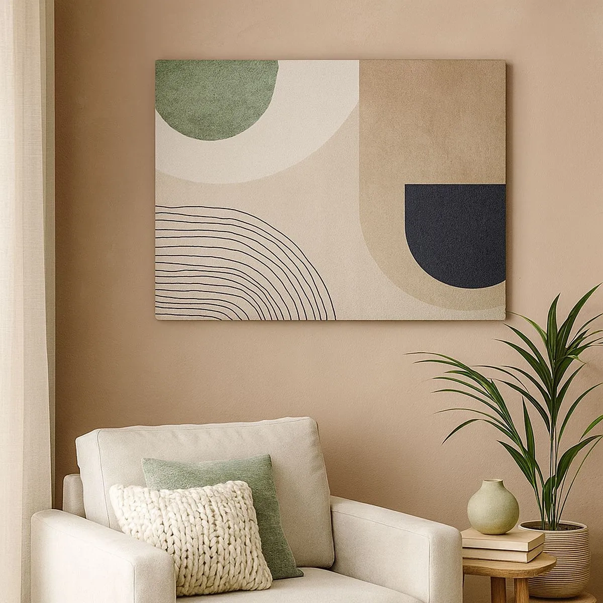 Quadro em tela - Formas geométricas em tons de bege e verde - 70x50cm - A gentileza do oval - Decoração de parede moderna para a sala de estar e quarto ARTTOR