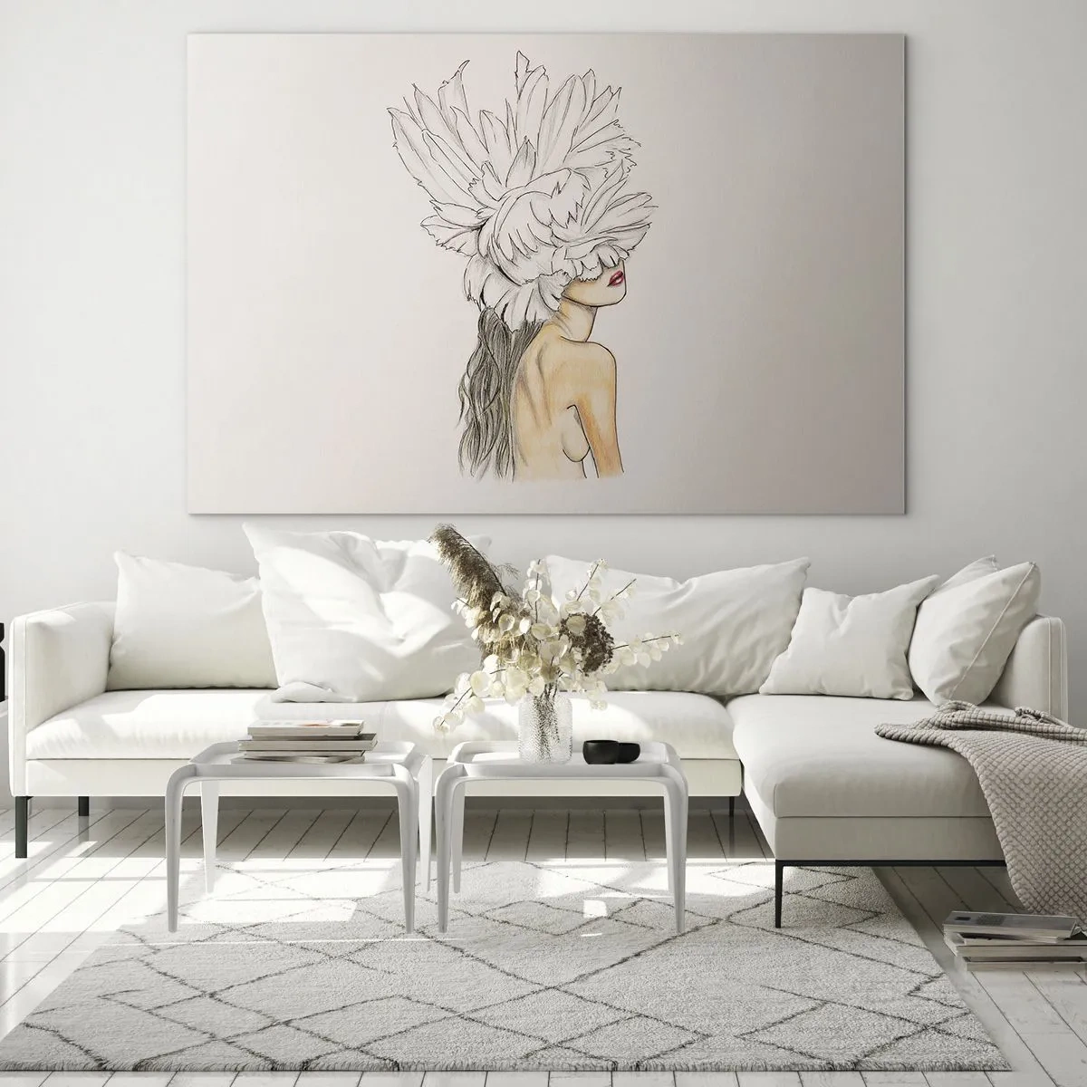 Quadro em vidro - Um desenho de uma mulher com cabelos longos e uma coroa de grandes penas - 70x50cm - Beleza coroada - Decoração de parede moderna para a sala de estar e quarto ARTTOR
