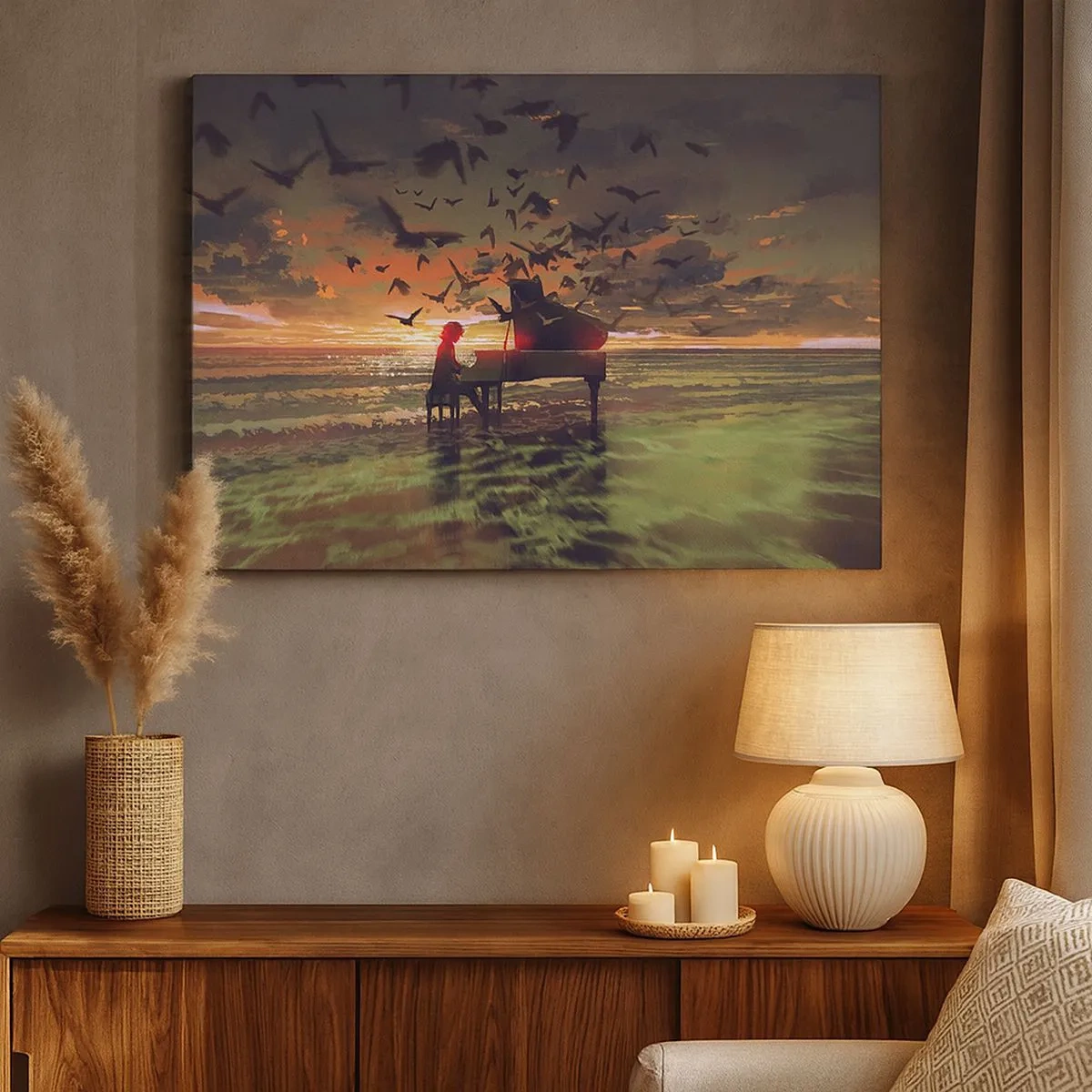 Quadro em tela - Um piano na praia ao pôr do sol com pássaros - 70x50cm - Um concerto de piano e ondas - Decoração de parede moderna para a sala de estar e quarto ARTTOR