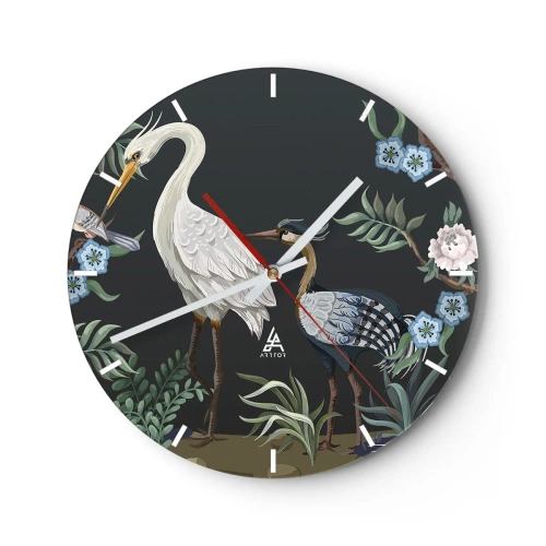 Relógio de parede - Relógio em vidro - Pássaros decorativos entre plantas em um fundo escuro - 30x30cm - Desfile de pássaros - Decoração de parede moderna para a sala de estar, cozinha e quarto ARTTOR