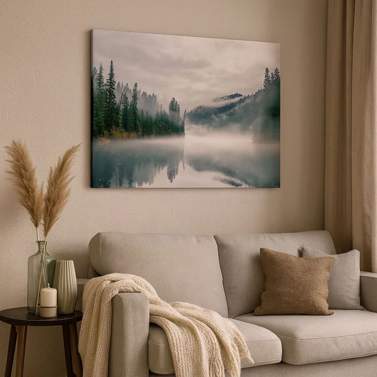 Quadro em tela - Uma floresta enevoada refletida em um lago calmo - 70x50cm - Em devaneio, na névoa - Decoração de parede moderna para a sala de estar e quarto ARTTOR