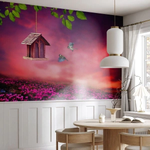 Papel de Parede Premium Sand - Convite para jantar - Paisagem, Flores, Casa de passarinho - 150x105 cm