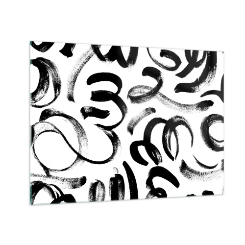 Quadro em vidro - Pinceladas abstratas em preto e branco - 70x50cm - Preto sobre branco - Decoração de parede moderna para a sala de estar e quarto ARTTOR