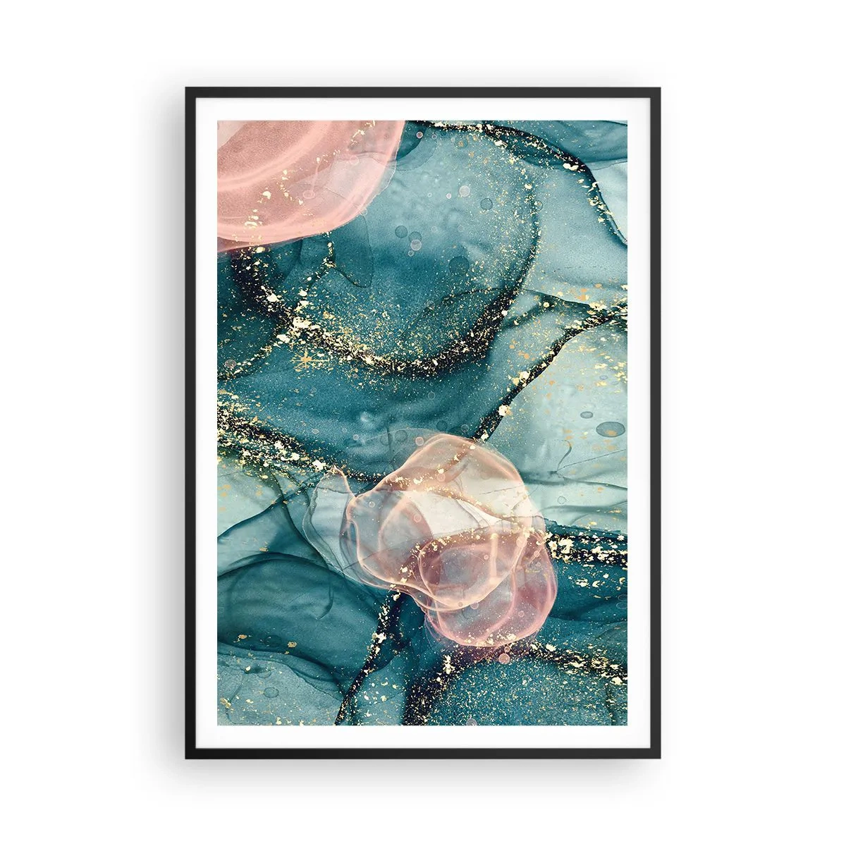 Pôster com moldura preta - Azul seda, rosa tule - 70x100 cm