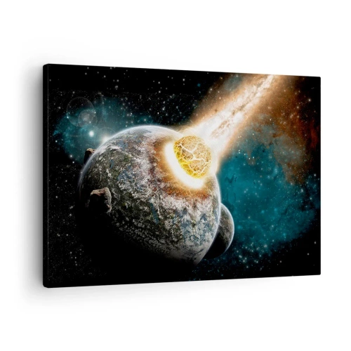 Quadro em tela - Colisão cósmica de um planeta com um asteroide nas proximidades da galáxia. - 70x50cm - Extinção ou nascimento? - Decoração de parede moderna para a sala de estar e quarto ARTTOR