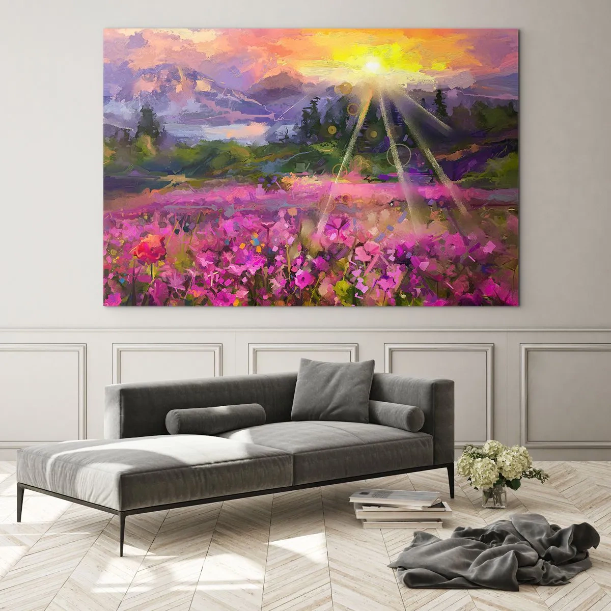 Quadro em vidro - Um vale pitoresco cheio de flores iluminado pelos raios do sol - 70x50cm - No vale sob os cuidados do sol - Decoração de parede moderna para a sala de estar e quarto ARTTOR