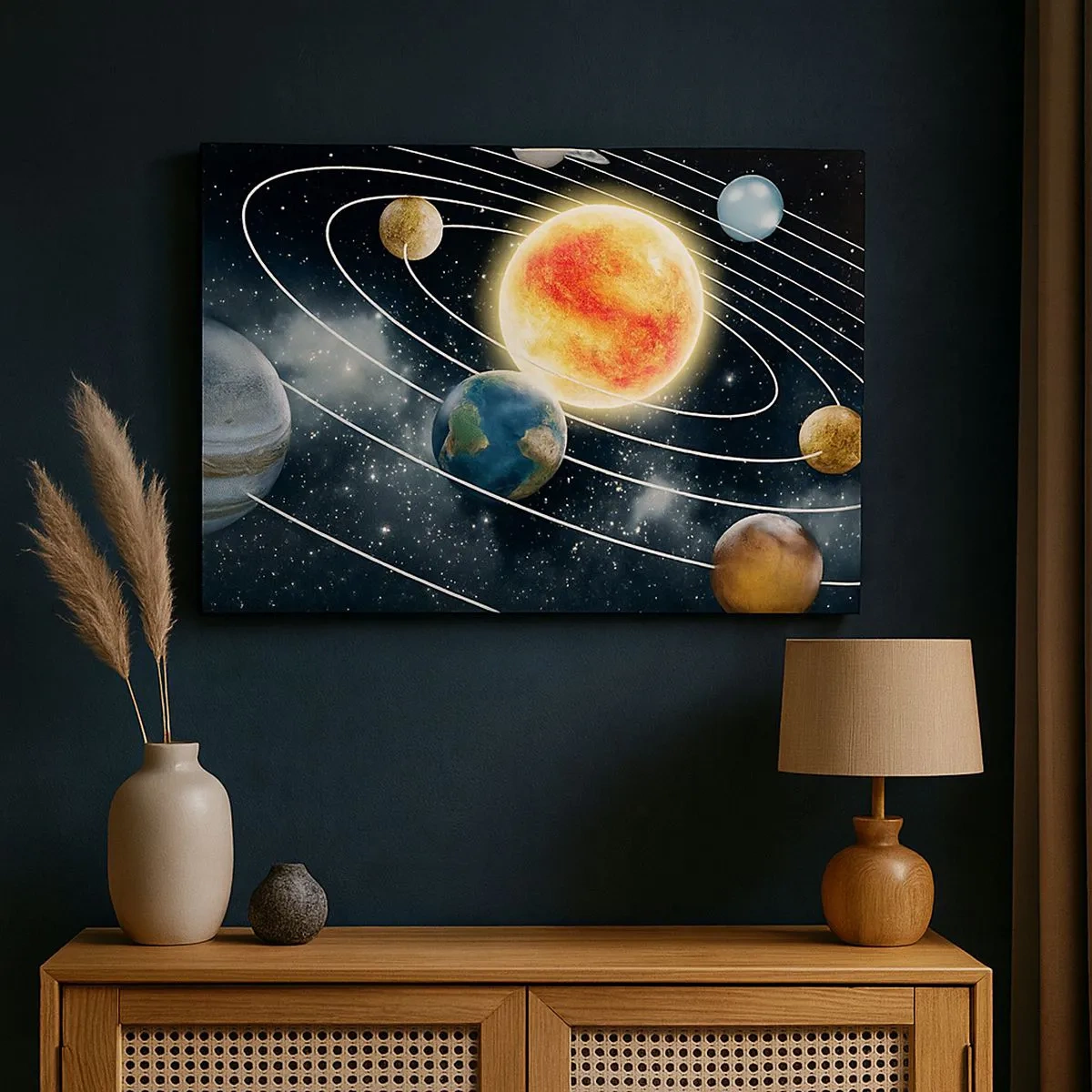 Quadro em tela - Sistema solar com planetas e sol no espaço - 70x50cm - Dança espacial - Decoração de parede moderna para a sala de estar e quarto ARTTOR