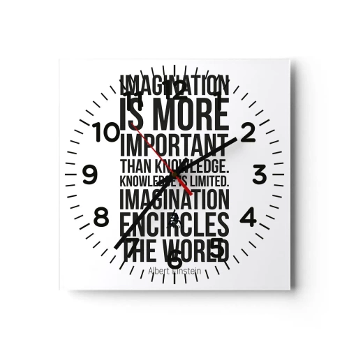 Relógio de parede - Relógio em vidro - Einstein sobre o poder da imaginação - 30x30 cm