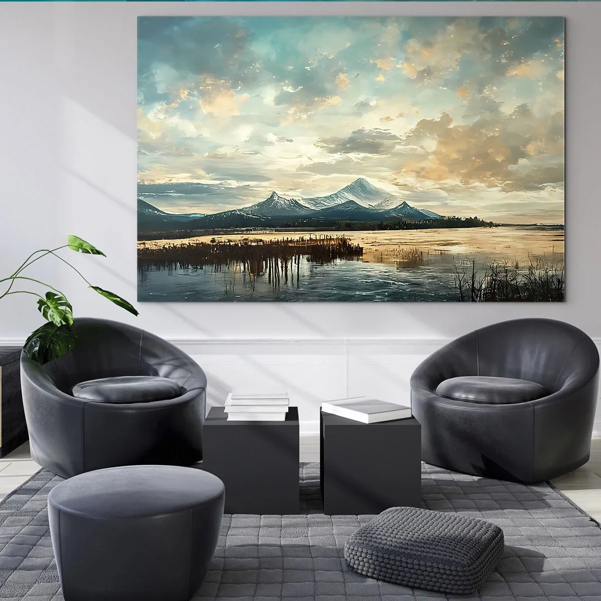 Quadro em vidro - Paisagem de inverno com montanhas e um lago congelado - 70x50cm - Sob a proteção do céu - Decoração de parede moderna para a sala de estar e quarto ARTTOR