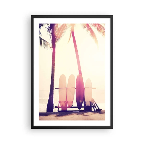 Pôster com moldura preta - Pranchas de surfe alinhadas sob as palmeiras na praia - 50x70cm - Vai ser um grande dia - Decoração de parede moderna para a sala de estar e quarto ARTTOR