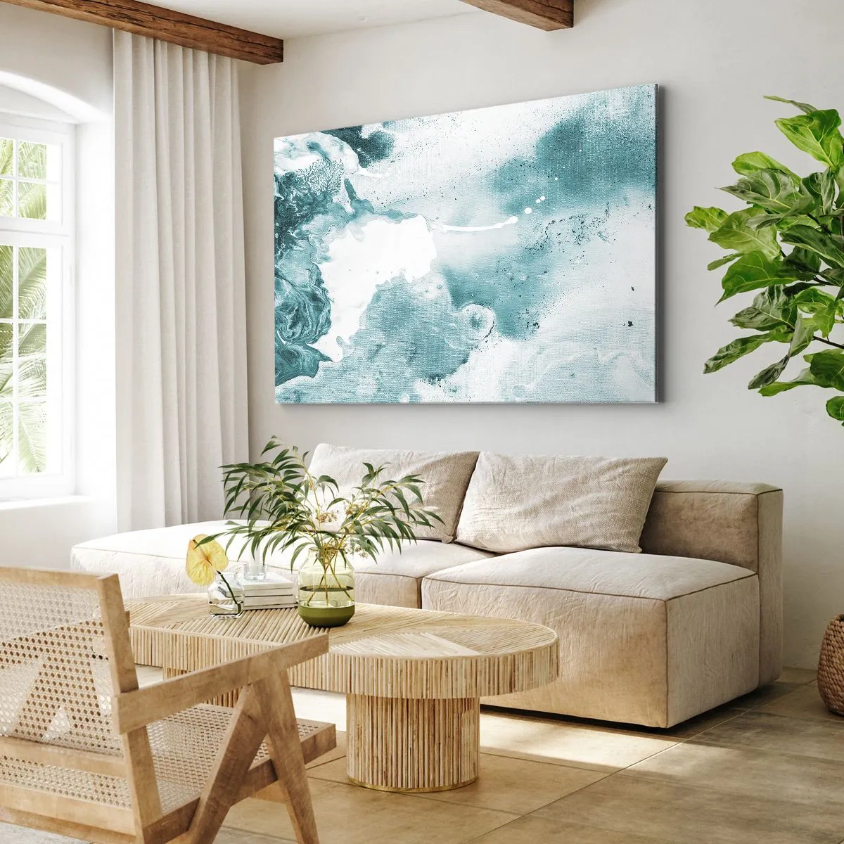 Quadro em tela - Abstração em tons de azul com delicados toques de branco - 70x50cm - Inundado em azul - Decoração de parede moderna para a sala de estar e quarto ARTTOR