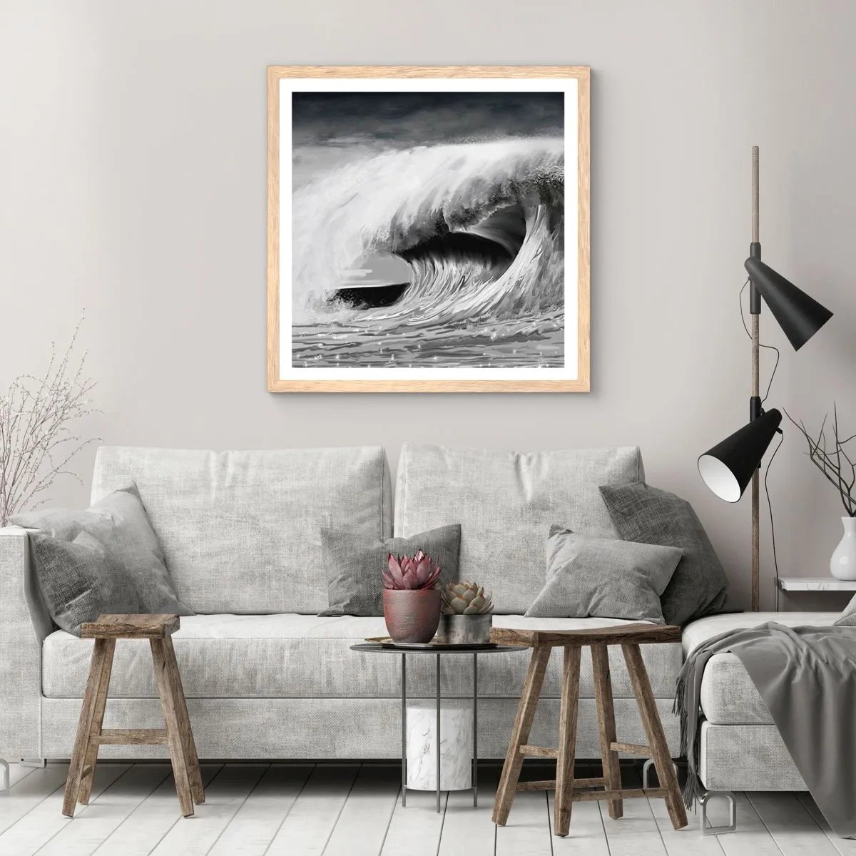 Pôster com moldura de carvalho claro - A ira do oceano - 40x40 cm
