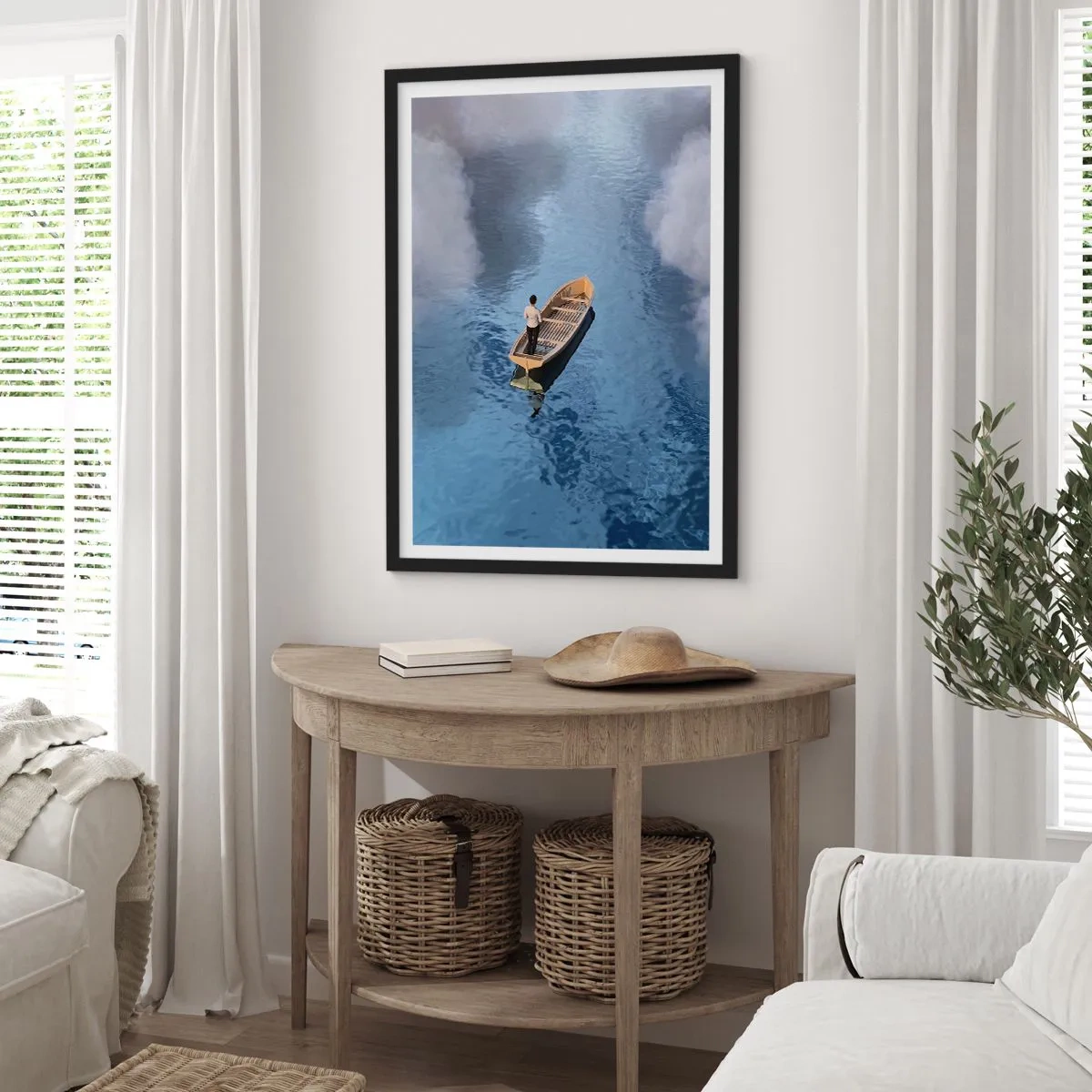 Pôster com moldura preta - Uma pessoa em um barco flutuando na água refletindo o céu e as nuvens. - 50x70cm - Vida – jornada – desconhecido - Decoração de parede moderna para a sala de estar e quarto ARTTOR