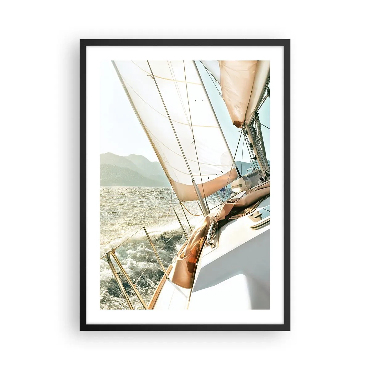 Pôster com moldura preta - Um iate a toda vela em mar aberto sob o sol - 50x70cm - Sob a vela - Decoração de parede moderna para a sala de estar e quarto ARTTOR