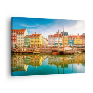Quadro em tela - Casas coloridas nos canais de Copenhague - 70x50cm - Sobre a água tão lisa como um espelho - Decoração de parede moderna para a sala de estar e quarto ARTTOR