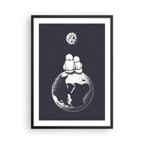 Pôster com moldura preta - Astronautas sentados na Terra olhando para a Lua - 50x70cm - Uma história de amor cósmica - Decoração de parede moderna para a sala de estar e quarto ARTTOR