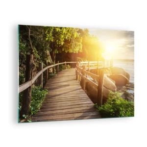 Quadro em vidro - Um caminho de madeira entre as árvores à beira-mar à luz do pôr do sol - 70x50cm - Mais uma curva, mais milagres - Decoração de parede moderna para a sala de estar e quarto ARTTOR